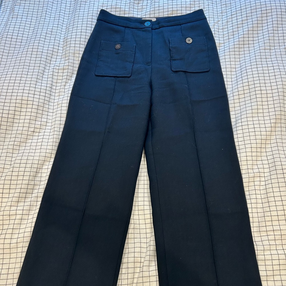 Sezane Emilio Navy Wool Wide-Leg Trousers with Button Pockets
